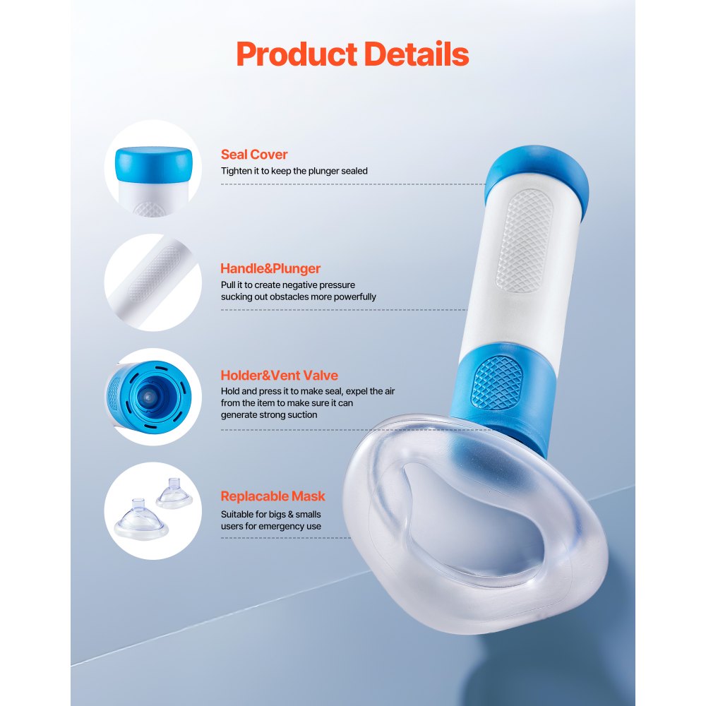 VEVOR Choking Rescue Device, Portable Airway Clear Anti Choking Suction Device with 4 Multi-size Masks and 1 Storage Bag, First Aid Kit for Removing Blocked Objects, for Home, School, Travel