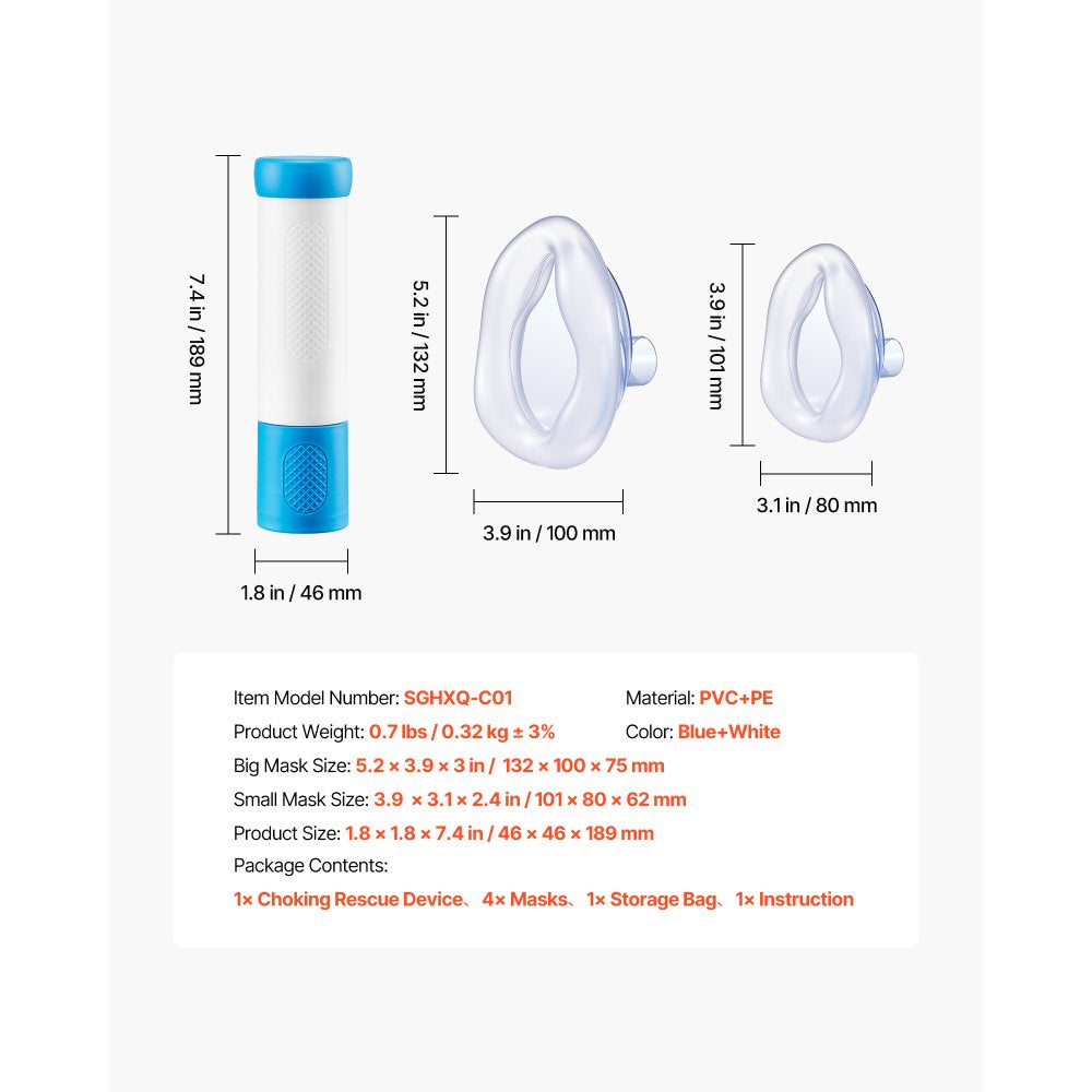 VEVOR Choking Rescue Device, Portable Airway Clear Anti Choking Suction Device with 4 Multi-size Masks and 1 Storage Bag, First Aid Kit for Removing Blocked Objects, for Home, School, Travel