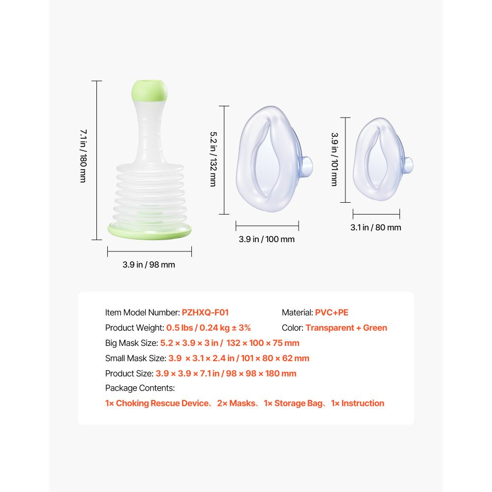 VEVOR Choking Rescue Device, Portable Airway Clear Anti Choking Suction Device with 2 Multi-size Masks and 1 Storage Bag, First Aid Kit for Removing Blocked Objects, for Home, School, Travel