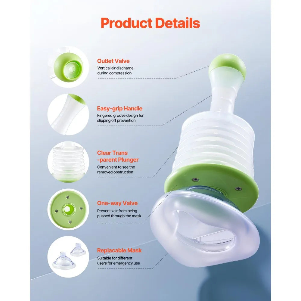VEVOR Choking Rescue Device, Portable Airway Clear Anti Choking Suction Device with 3 Multi-size Masks and 1 Storage Bag, First Aid Kit for Removing Blocked Objects, for Home, School, Travel
