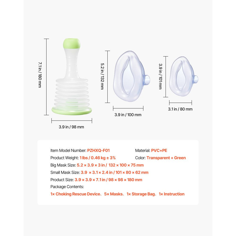 VEVOR Choking Rescue Device, Portable Airway Clear Anti Choking Suction Device with 5 Multi-size Masks and 1 Storage Bag, First Aid Kit for Removing Blocked Objects, for Home, School, Travel