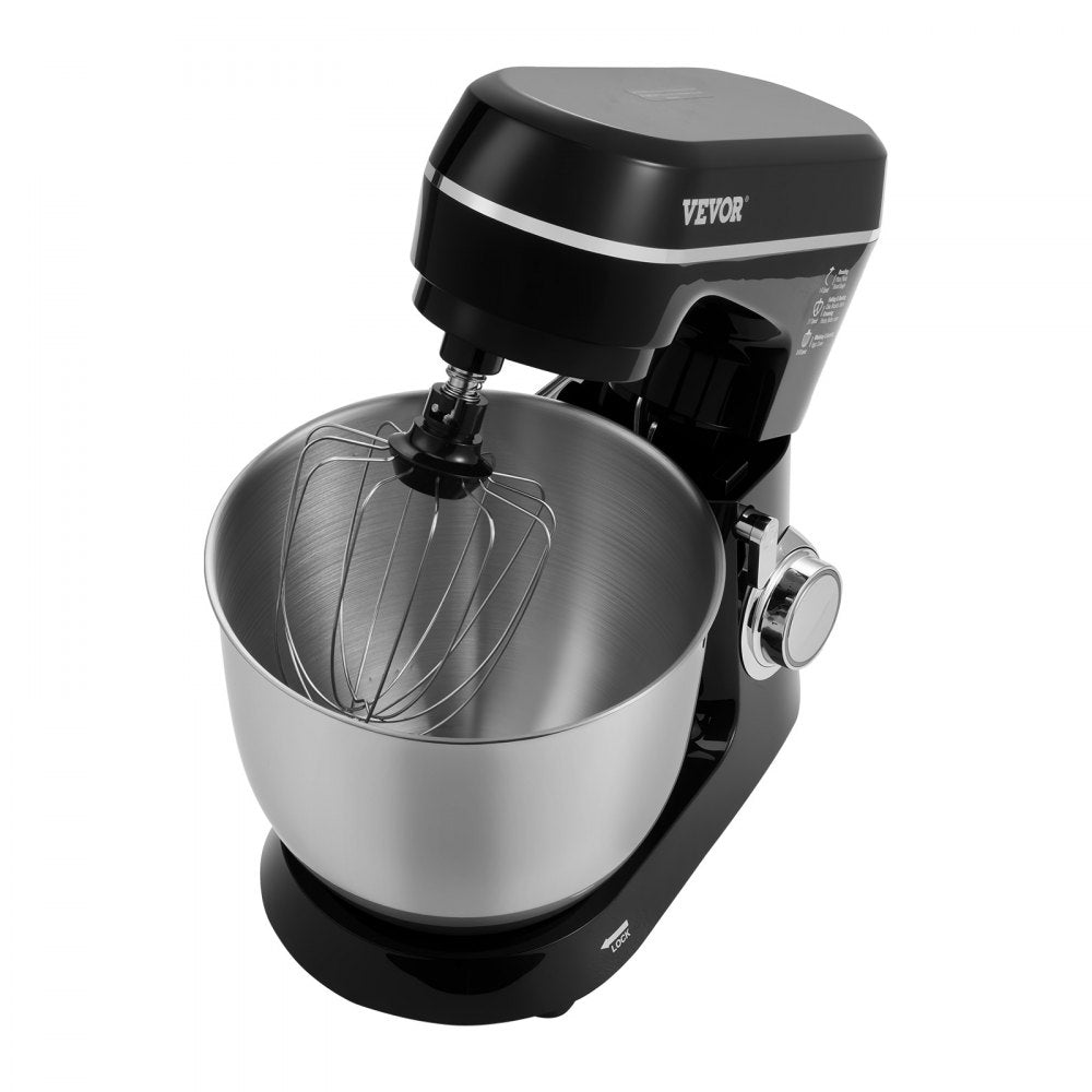 VEVOR Stand Mixer, 5.3QT + 4.4QT Two Stainless Steel Bowls, 10+P Speeds Tilt-head Food Mixer, Kitchen Mixer with Dough Hook, Wire Whip, Beater, Scraper, Household Stand Mixer for Baking Mixing, Black
