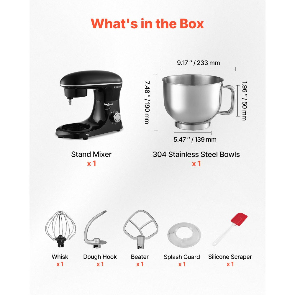 VEVOR Stand Mixer, 6 QT Dough Mixer, 660W 6 + P Speeds Tilt-head Food Mixer with Stainless Steel Bowl, Dough Hook, Wire Whip, Flat Beater, Scraper,Household Stand Mixer for Baking & Mixing, Black