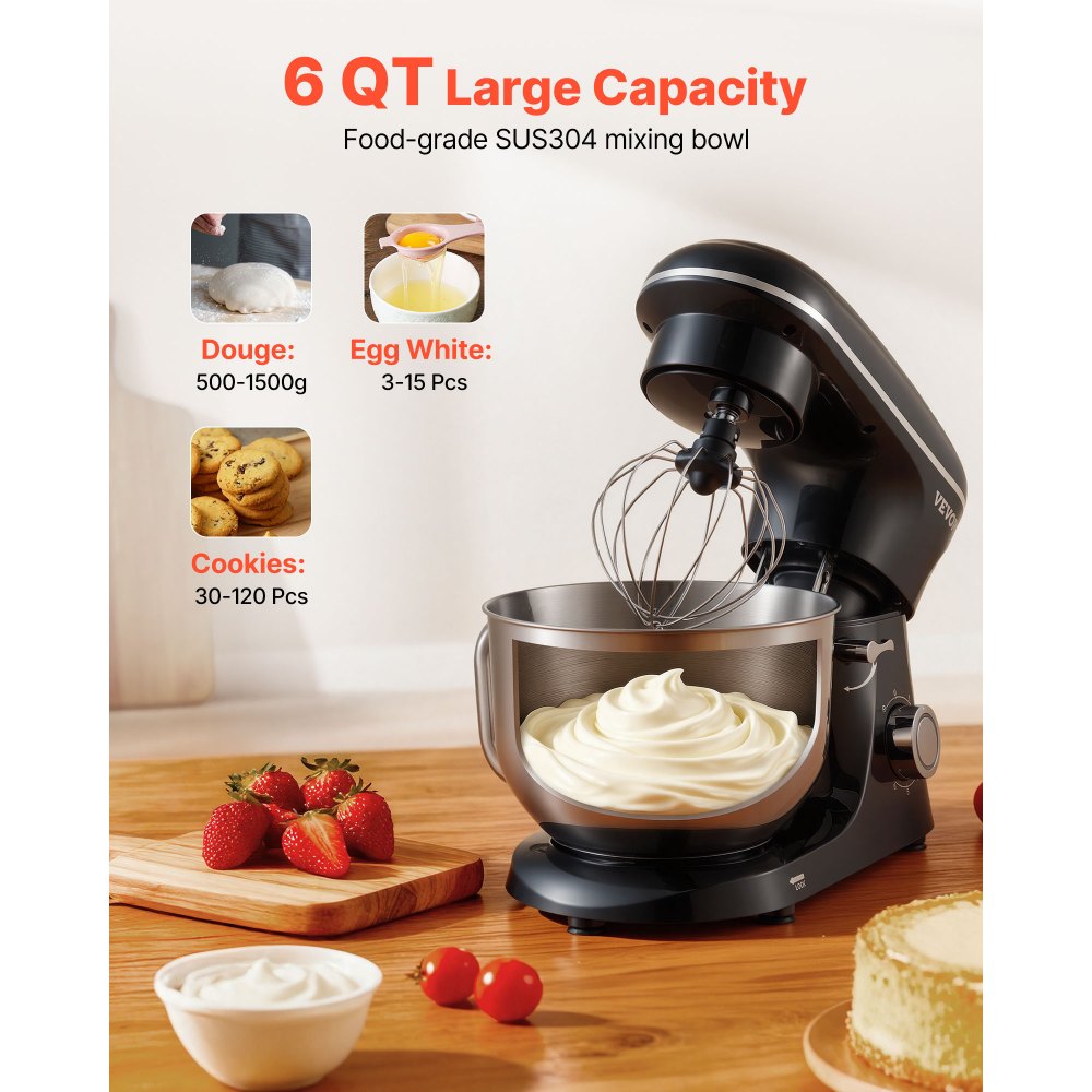 VEVOR Stand Mixer, 6 QT Dough Mixer, 660W 6 + P Speeds Tilt-head Food Mixer with Stainless Steel Bowl, Dough Hook, Wire Whip, Flat Beater, Scraper,Household Stand Mixer for Baking & Mixing, Black