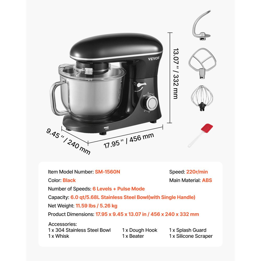 VEVOR Stand Mixer, 6 QT Dough Mixer, 660W 6 + P Speeds Tilt-head Food Mixer with Stainless Steel Bowl, Dough Hook, Wire Whip, Flat Beater, Scraper,Household Stand Mixer for Baking & Mixing, Black
