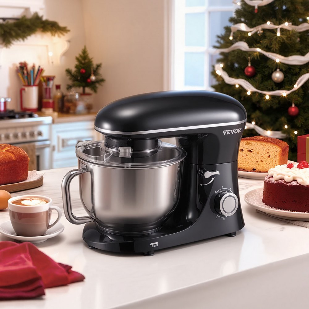 VEVOR Stand Mixer, 6 QT Dough Mixer, 660W 6 + P Speeds Tilt-head Food Mixer with Stainless Steel Bowl, Dough Hook, Wire Whip, Flat Beater, Scraper,Household Stand Mixer for Baking & Mixing, Black