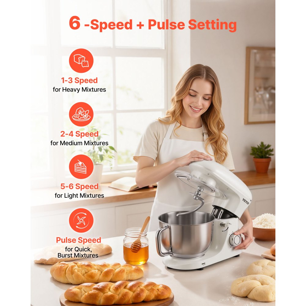 VEVOR Stand Mixer, 6 QT Dough Mixer, 660W 6 + P Speeds Tilt-head Food Mixer with Stainless Steel Bowl, Dough Hook, Wire Whip, Flat Beater, Scraper, Household Stand Mixer for Baking & Mixing, White