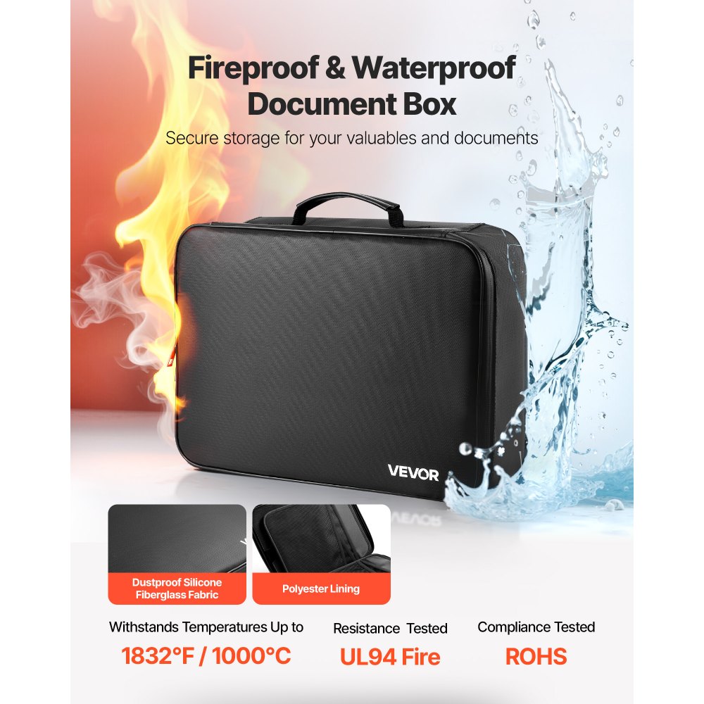 VEVOR Fireproof Document Box, 1832 ℉ Heat Insulated Fireproof & Waterproof Box with Lock, Portable Multi-Layer Home Office Travel File Storage Organizer, for Passports, Important Documents, Files