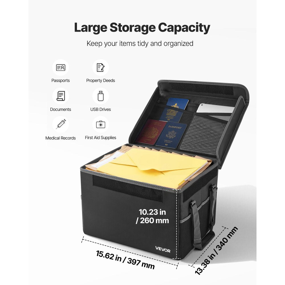 VEVOR Fireproof Document Box, 1832 ℉ Heat Insulated Fireproof & Waterproof Box, Space-Saving and Foldable Design, Portable Home Office Travel File Organizer, for Passports, Important Documents, Files