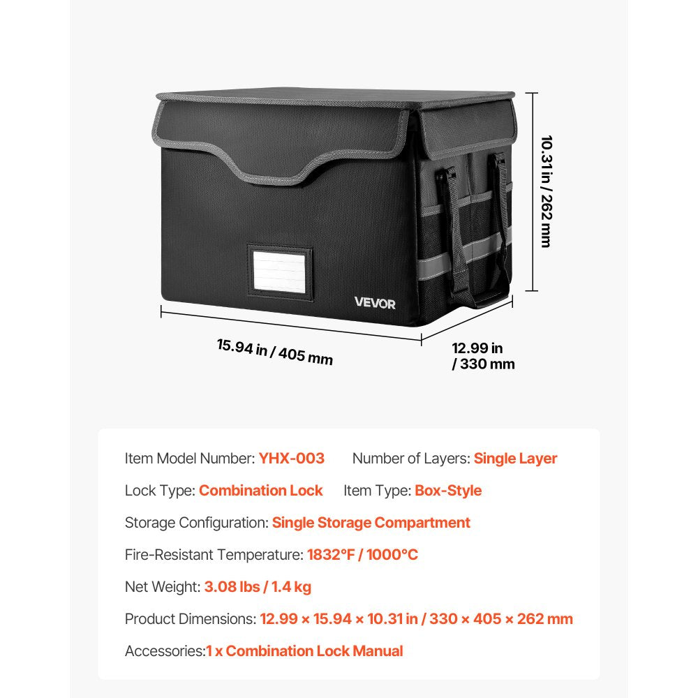 VEVOR Fireproof Document Box, 1832 ℉ Heat Insulated Fireproof & Waterproof Box with Lock, Portable File Storage Security Organizer Home Office Travel Use, for Passports, Important Documents & Files