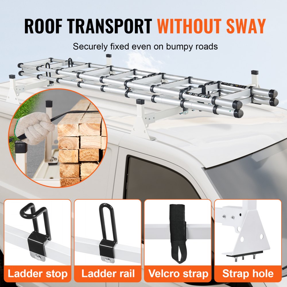 VEVOR Trailer Ladder Rack, 54" 2 Crossbars Ladder Roof Rack, Heavy-duty Steel Van Roof Ladder Rack, 600 lbs Capacity Van Ladder Rack with Straps, Fit for Ford Transit 150, 250, 350, 2015-2022