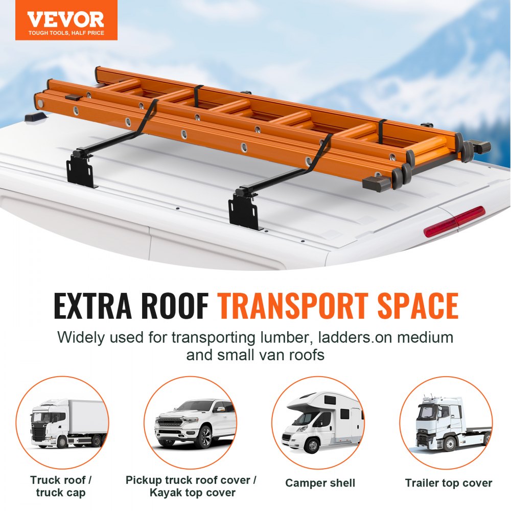 VEVOR Trailer Ladder Rack, 60" 2 Crossbars Ladder Roof Rack, Heavy-duty Steel Van Roof Ladder Rack, 500 lbs Capacity Van Ladder Rack, Fit for Universal Truck Roofs