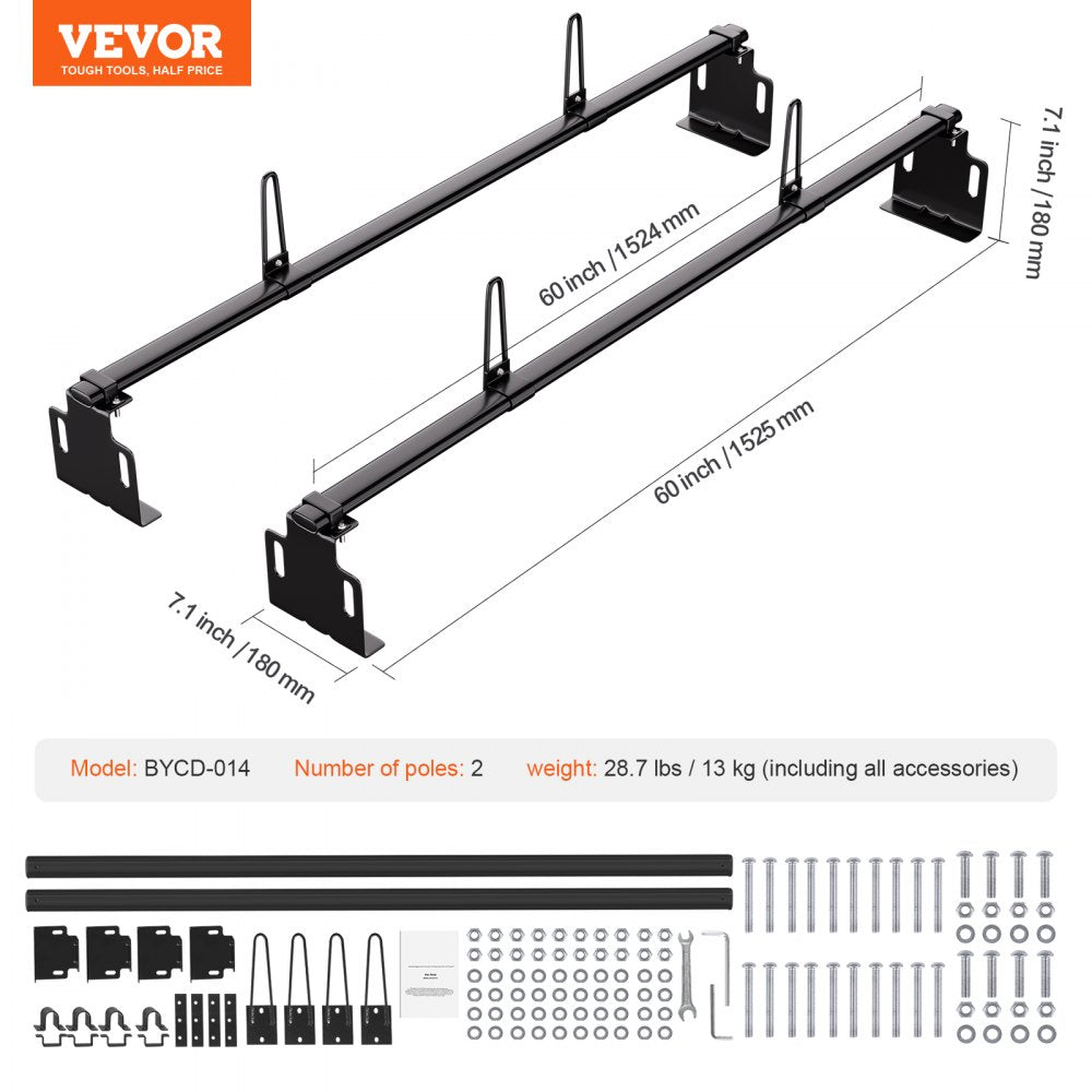 VEVOR Trailer Ladder Rack, 60" 2 Crossbars Ladder Roof Rack, Heavy-duty Steel Van Roof Ladder Rack, 500 lbs Capacity Van Ladder Rack, Fit for Universal Truck Roofs