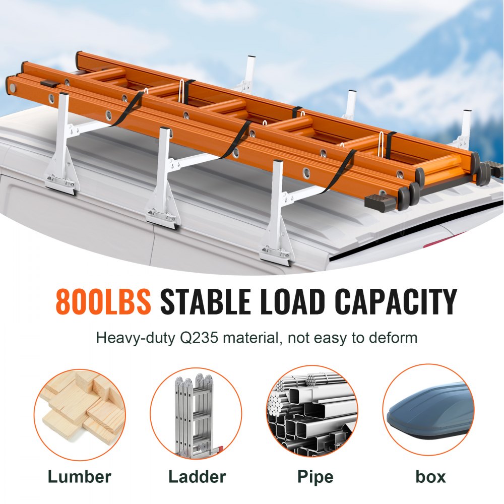 VEVOR Trailer Ladder Rack, 59" Adjustable Roof Rack, 3 Crossbars Van Roof Ladder Rack with Straps, 800 lbs Capacity Steel, Fit for Chevrolet Express 1500 2500 3500/ Ford E150 E250 E350/ GMC Savana