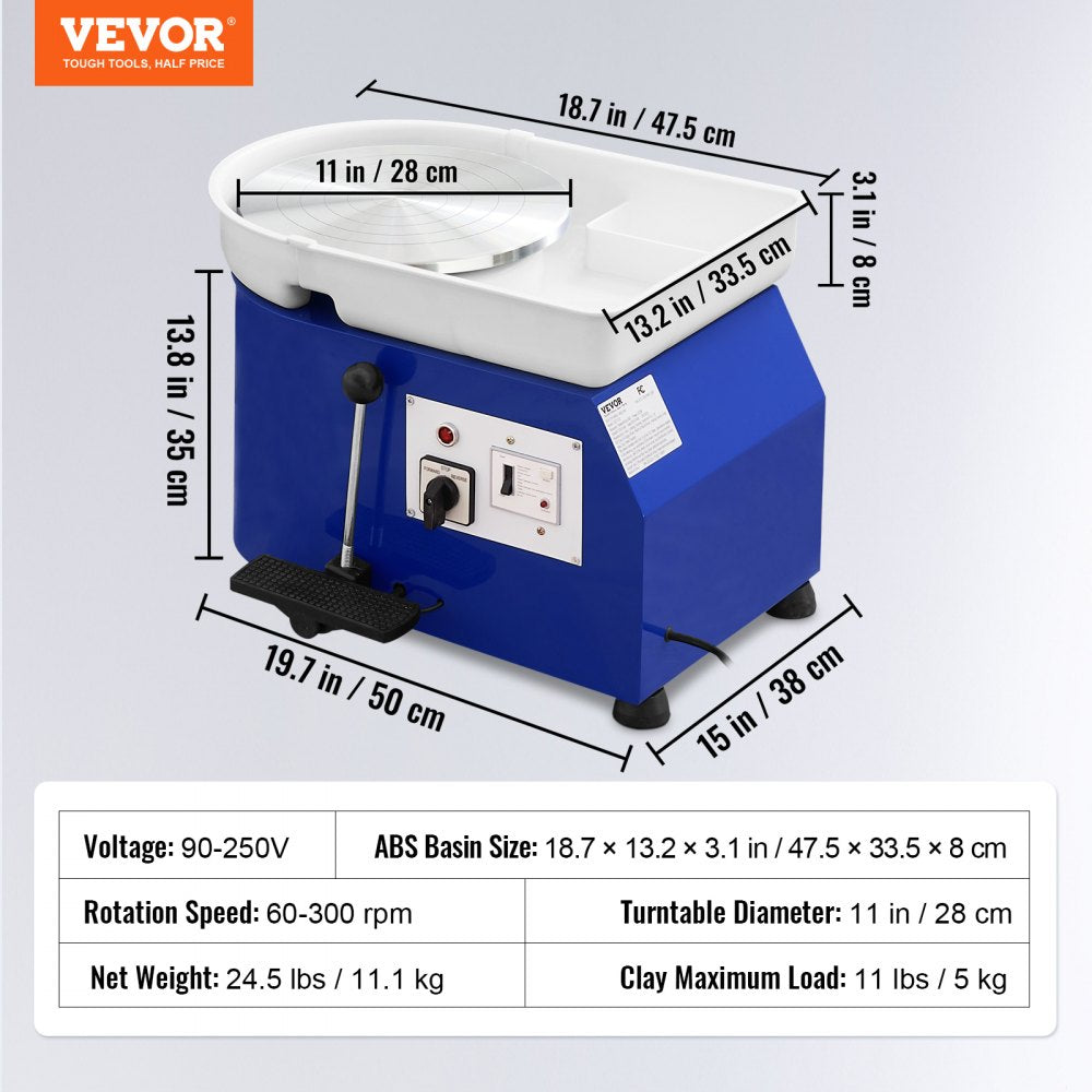 VEVOR Pottery Wheel for Adults and Beginners, 350W, 11in Clay Wheel Forming Machine, Adjustable 0-300RPM Speed Handle and Pedal Control, ABS Detachable Basin, Accessory Kit for Craft DIY, Blue Updated