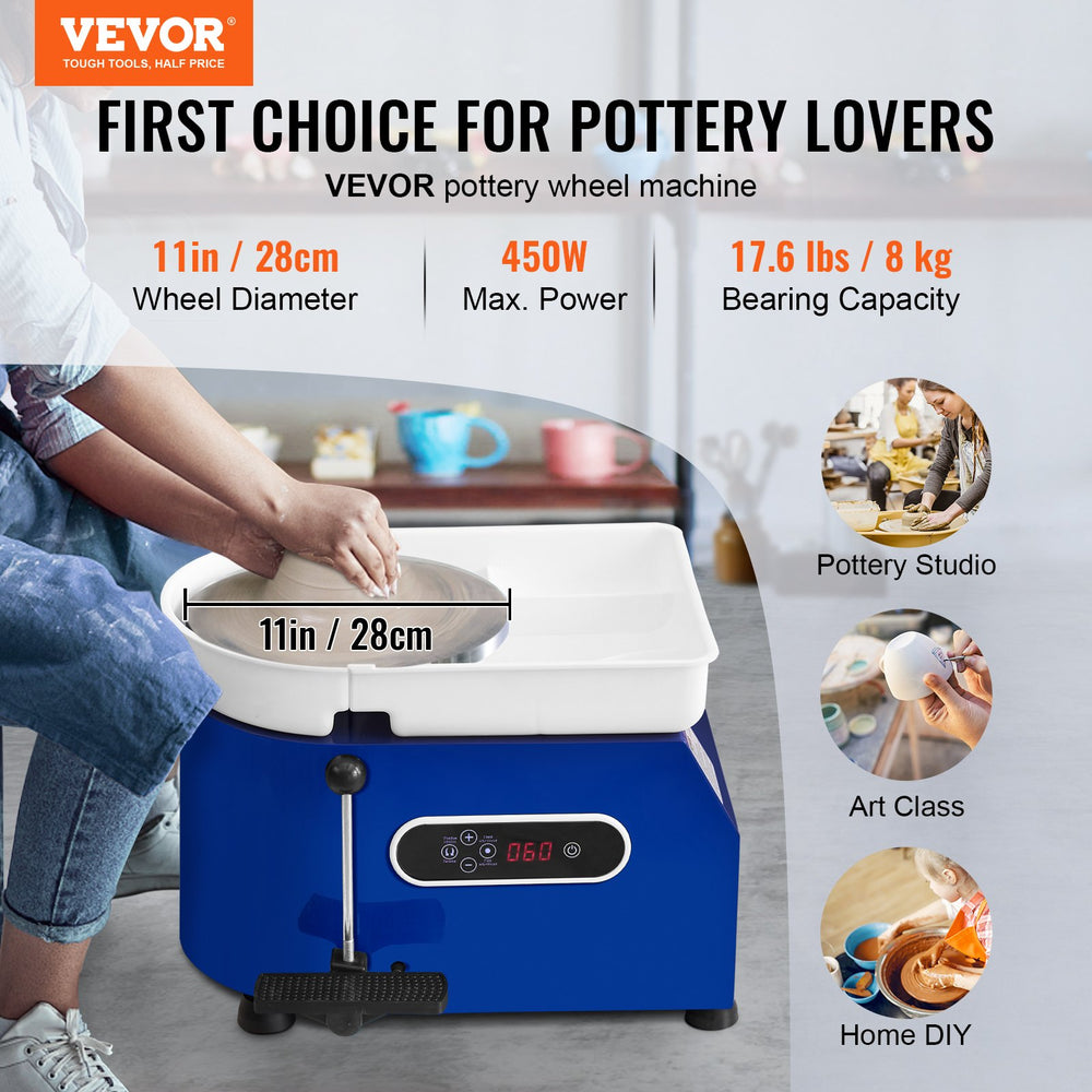 VEVOR Pottery Wheel, 450W, 11 in Clay Wheel Forming Machine, 60-300 RPM Adjustable Speed with Handle and Pedal Control, ABS Detachable Basin, Accessory Kit for Adults and Beginners Craft DIY, Blue