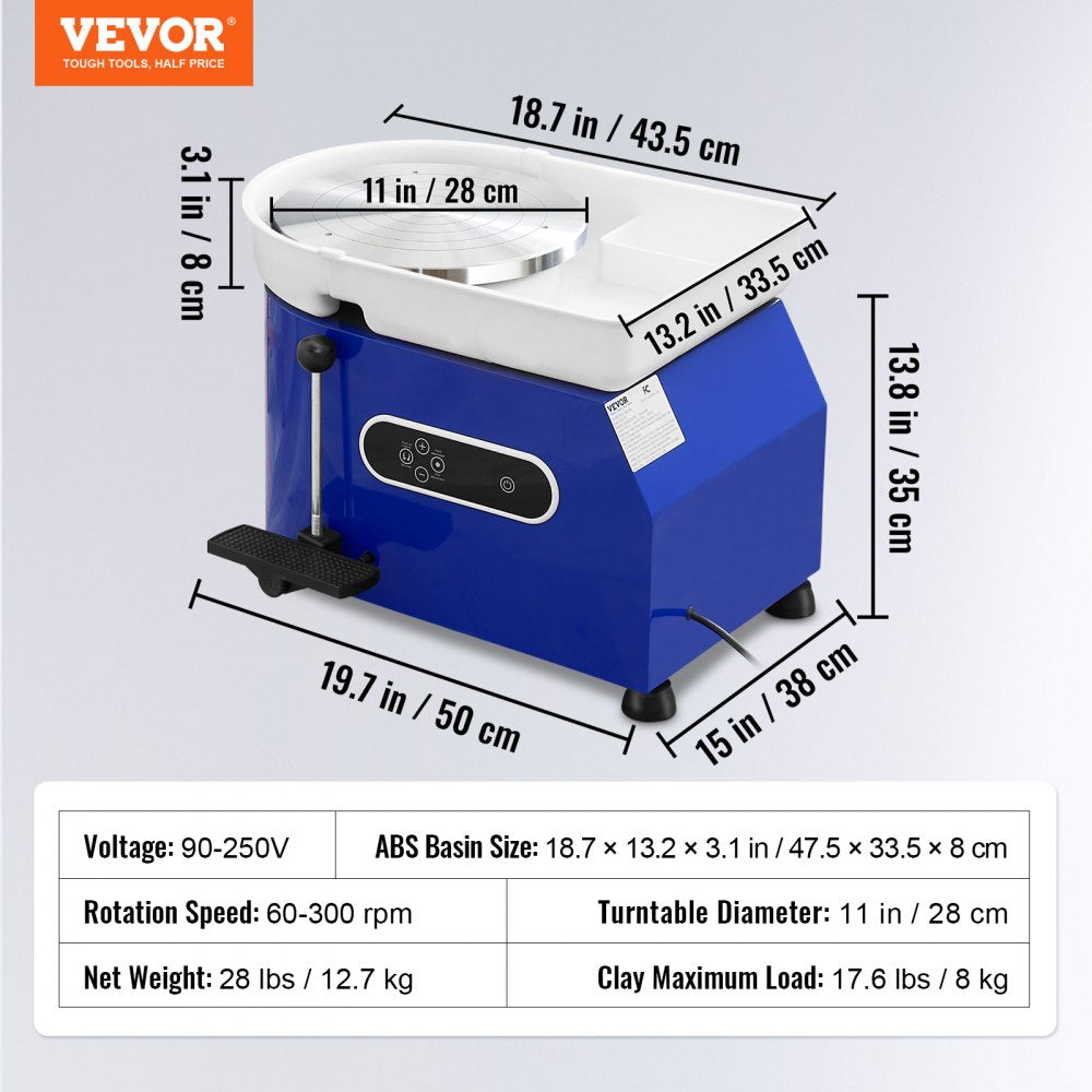 VEVOR Pottery Wheel, 450W, For Adults and Beginners, 11in Clay Wheel Machine,  Adjustable 60-300RPM Speed Handle and Pedal, ABS Detachable Basin, Accessory Kit for Craft DIY, LCD Touch Screen, Blue