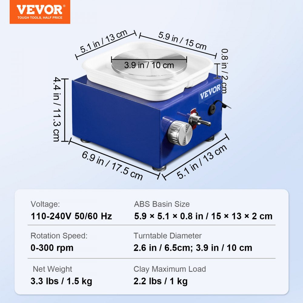 VEVOR Mini Pottery Wheel, for Kids or Beginners, 2 Turntables 2.6in/3.9in Ceramic Wheel Machine, Adjustable 0-300RPM Speed ABS Detachable Basin, 17 Pottery Accessories, Work Art Craft DIY, 30W, Blue