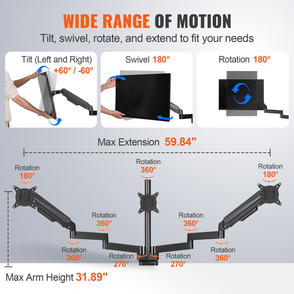 VEVOR Triple Monitor Mount, Supports 13"-27" Screens, Fully Adjustable Gas Spring Monitor Arm, Holds up to 20 lbs per Arm, Triple Monitor Stand with C-Clamp/Grommet Mounting Base, VESA Mount 75/100 mm