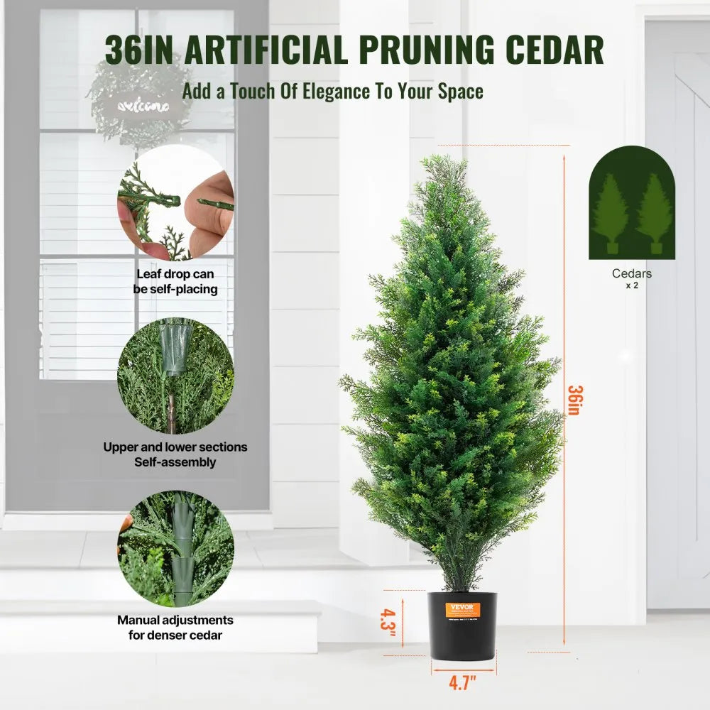 VEVOR Artificial Cedar Topiary Tree, 36 inch Tall (2 Pieces), with Extra Leaves & Pot Faux Evergreen Fake Pine Cypress Trees Plant, UV Rated Artificial Greenery Set for Home Decor Indoor/Outdoor