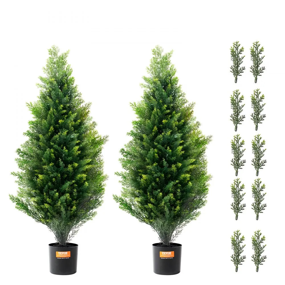 VEVOR Artificial Cedar Topiary Tree, 36 inch Tall (2 Pieces), with Extra Leaves & Pot Faux Evergreen Fake Pine Cypress Trees Plant, UV Rated Artificial Greenery Set for Home Decor Indoor/Outdoor