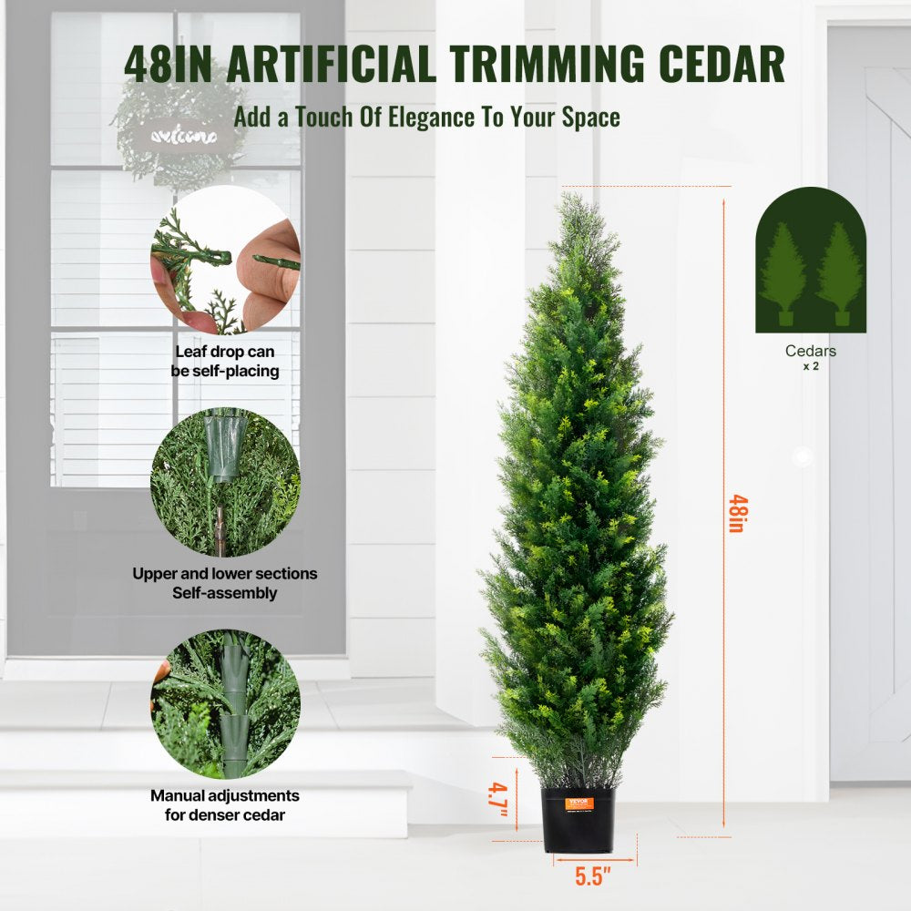 VEVOR Artificial Cedar Topiary Tree, 48 inch Tall (2 Pieces), with Extra Leaves & Pot Faux Evergreen Fake Pine Cypress Trees Plant, UV Rated Artificial Greenery Set for Home Decor Indoor/Outdoor