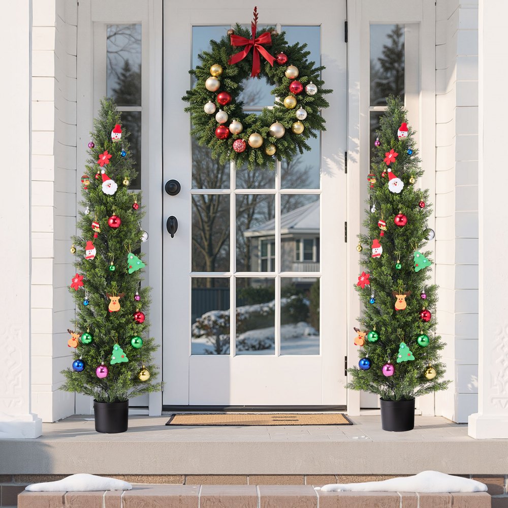 VEVOR Artificial Topiary Cedar Trees, 60 inch 2 Set Faux Pine Shrubs Plants, Fake Silk Tree Look Real, Easy Assembly for Decor Front Porch Outdoor Patio Garden Balcony Backyard Indoor Office