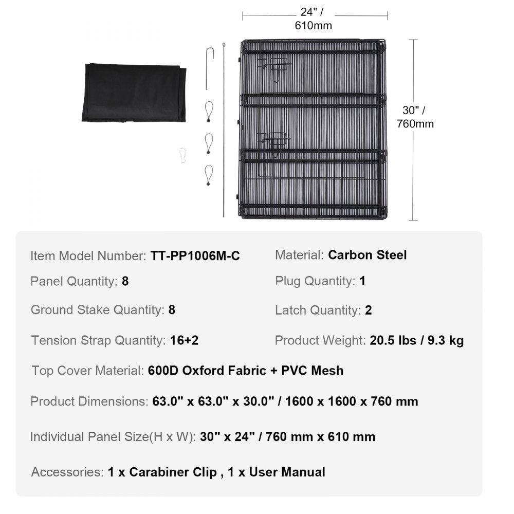 VEVOR Dog Playpen, 8 Pcs 30"H x 24"W Panels Foldable Metal Pet Exercise Pen, Dog Fence Indoor and Outdoor Pen with Door, 600D Oxford Fabric Top Cover, Pet Playpen for Dogs, Cats, Other Small Animals