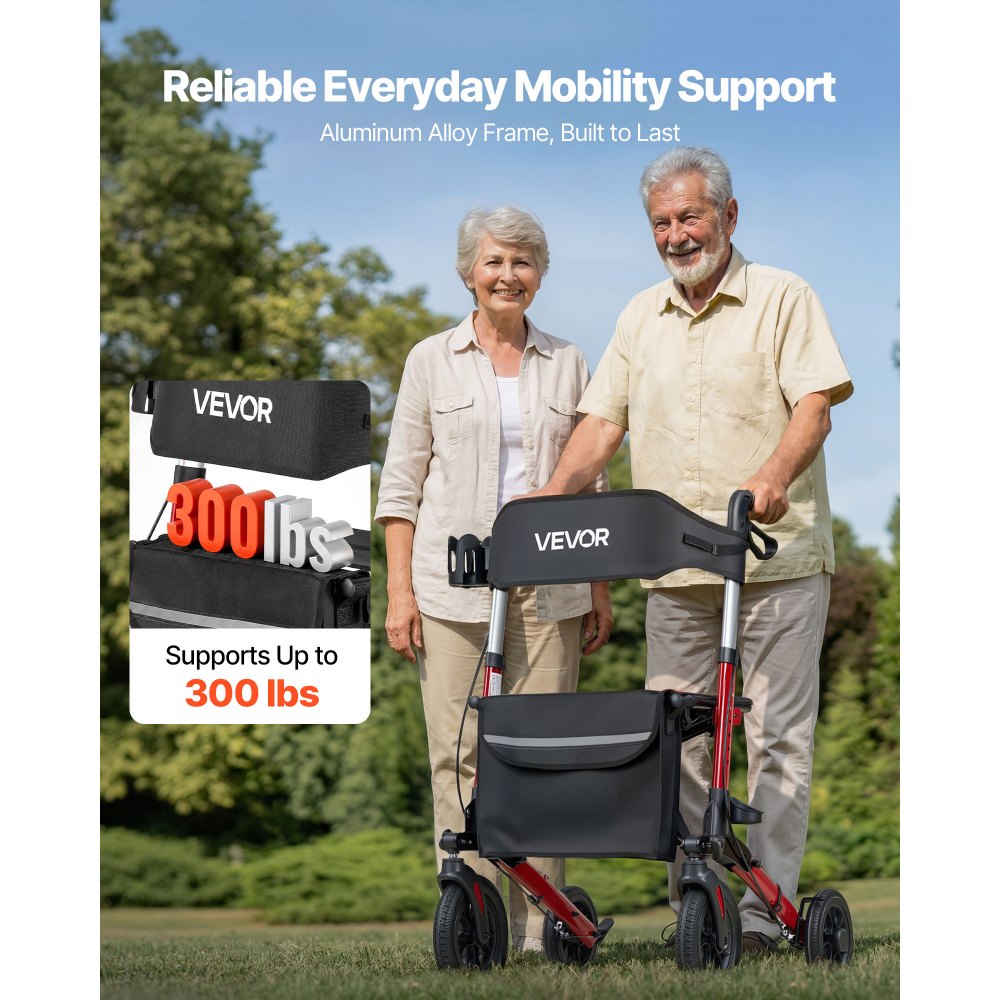VEVOR Rollator Walker with Seat for Seniors, Ultra Compact 3-Fold Rolling Walker, Lightweight Aluminum Mobility Walking Aid with PU Solid Wheels, Adjustable Handle, Cup & Cane Holder - Supports 300LBS