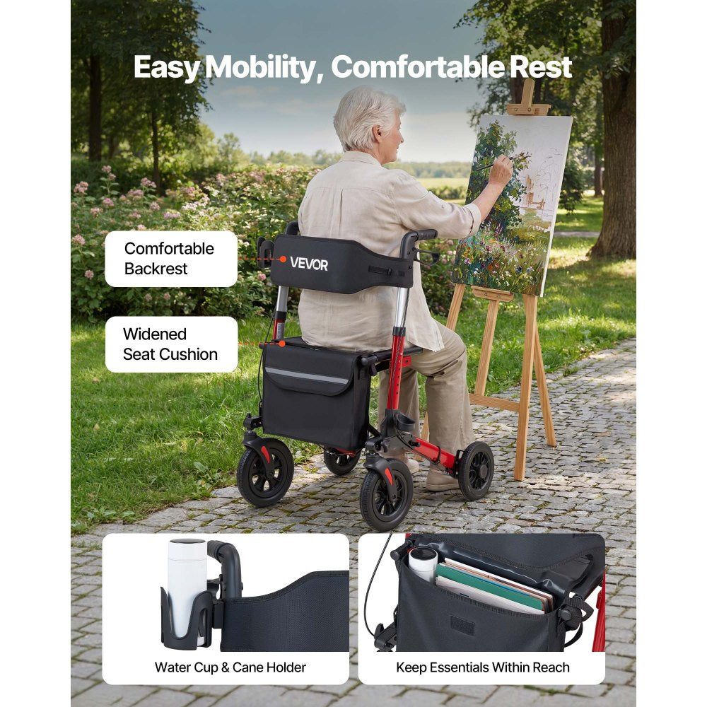 VEVOR Rollator Walker with Seat for Seniors, Ultra Compact 3-Fold Rolling Walker, Lightweight Aluminum Mobility Walking Aid with PU Solid Wheels, Adjustable Handle, Cup & Cane Holder - Supports 300LBS