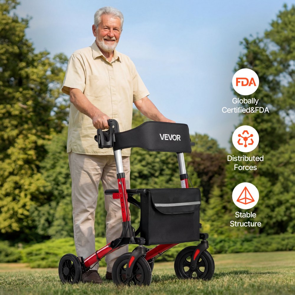 VEVOR Rollator Walker with Seat for Seniors, Ultra Compact 3-Fold Rolling Walker, Lightweight Aluminum Mobility Walking Aid with PU Solid Wheels, Adjustable Handle, Cup & Cane Holder - Supports 300LBS