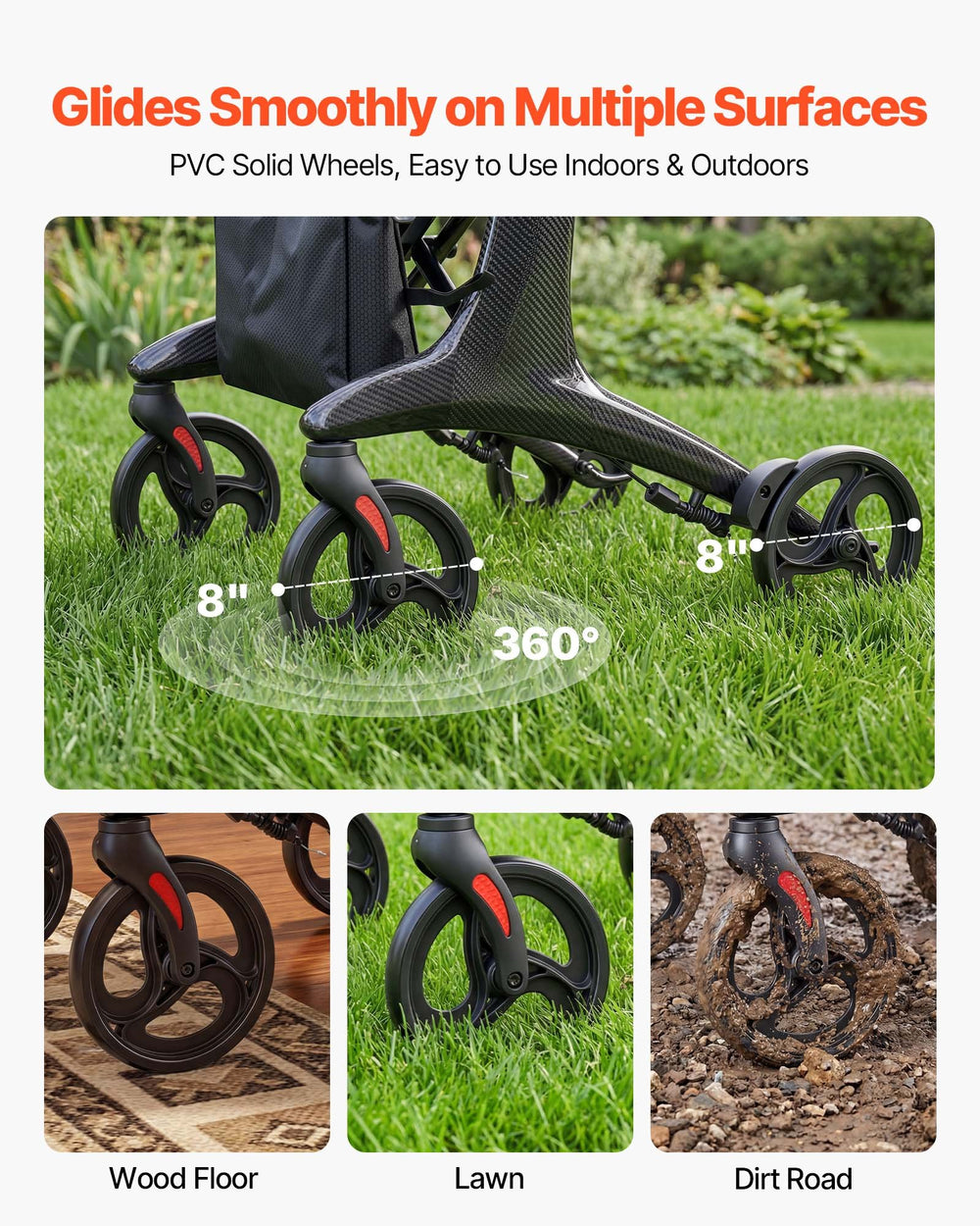 Glides smoothly on multiple surfaces - 8 inch solid PVC wheels