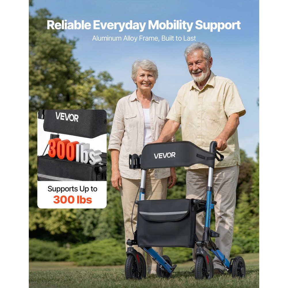 VEVOR Rollator Walker with Seat for Seniors, Ultra Compact 3-Fold Rolling Walker, Lightweight Aluminum Mobility Walking Aid with PU Solid Wheels, Adjustable Handle, Cup & Cane Holder - Supports 300LBS