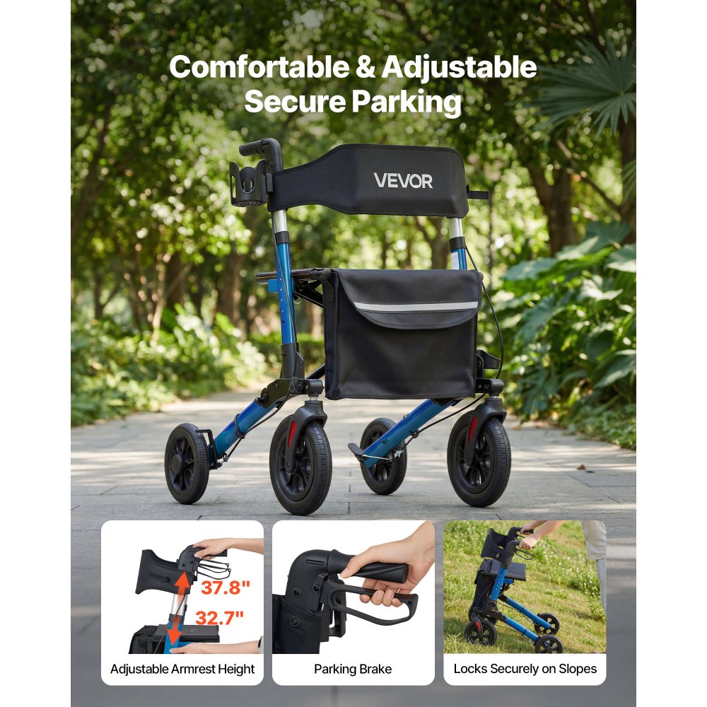 VEVOR Rollator Walker with Seat for Seniors, Ultra Compact 3-Fold Rolling Walker, Lightweight Aluminum Mobility Walking Aid with PU Solid Wheels, Adjustable Handle, Cup & Cane Holder - Supports 300LBS