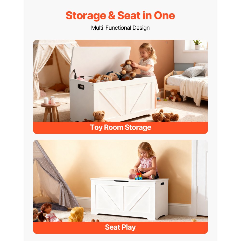VEVOR Kids Storage Bench, Wooden Toy Box Chest, Large Storage Cabinet with Safety Hinge, Toddlers Storage Bench for Playroom, Living Room or Entryway, Easy Assembly, 38.98 x 15.55 x 18.9 in, White