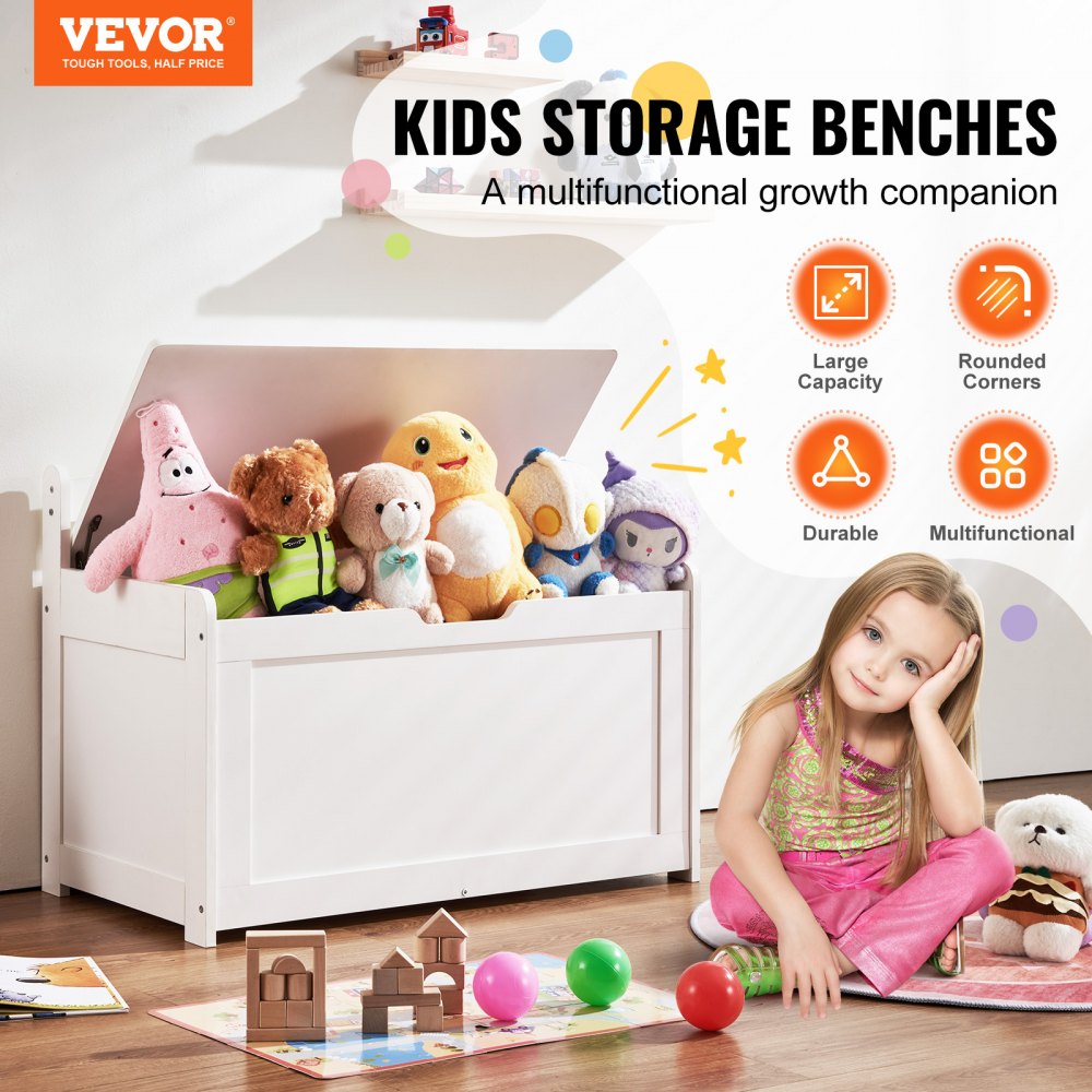 VEVOR Wooden Toy Chest for Kids, Toddler Toy Storage Box with Flip-Top Lid and Safety Hinge, 32.68 x 17.91 x 24.02" Large Kids Storage Bench for Playroom, Bedroom, Living Room or Entryway, White
