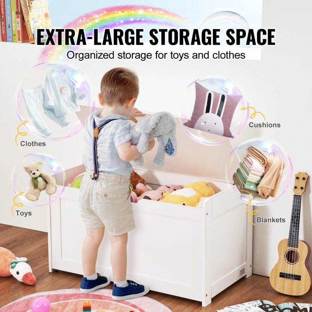 VEVOR Wooden Toy Chest for Kids, Toddler Toy Storage Box with Flip-Top Lid and Safety Hinge, 32.68 x 17.91 x 24.02" Large Kids Storage Bench for Playroom, Bedroom, Living Room or Entryway, White