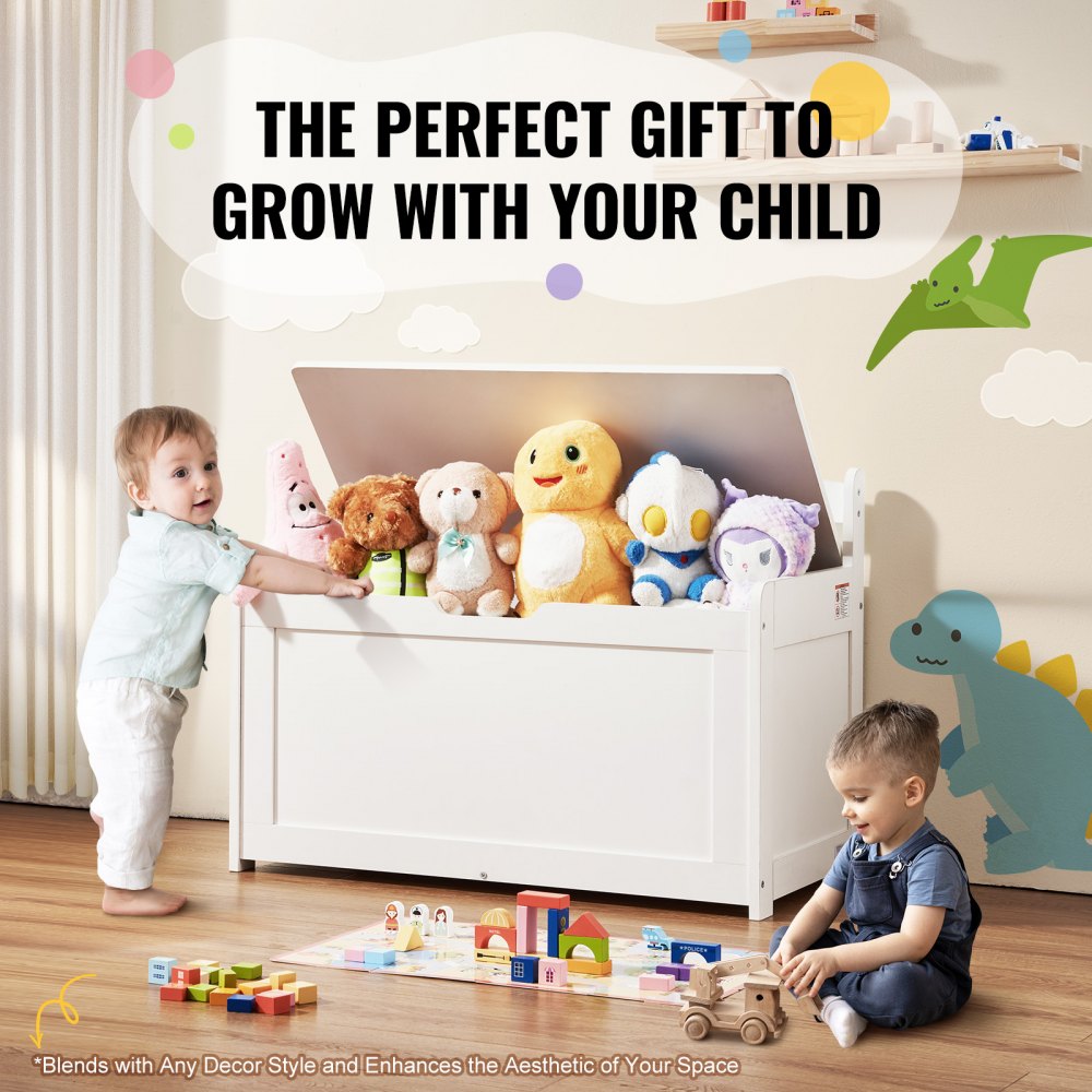 VEVOR Wooden Toy Chest for Kids, Toddler Toy Storage Box with Flip-Top Lid and Safety Hinge, 32.68 x 17.91 x 24.02" Large Kids Storage Bench for Playroom, Bedroom, Living Room or Entryway, White