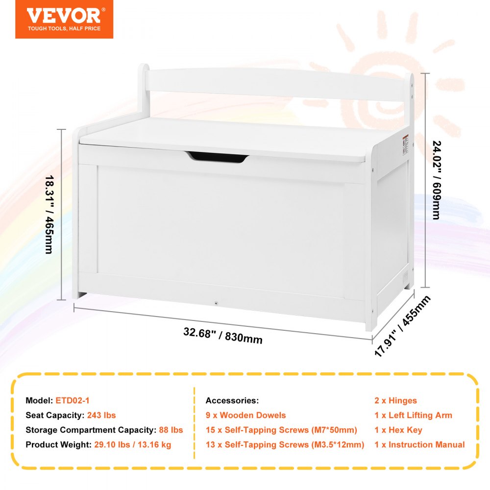 VEVOR Wooden Toy Chest for Kids, Toddler Toy Storage Box with Flip-Top Lid and Safety Hinge, 32.68 x 17.91 x 24.02" Large Kids Storage Bench for Playroom, Bedroom, Living Room or Entryway, White