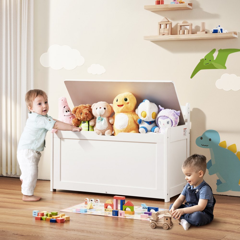 VEVOR Wooden Toy Chest for Kids, Toddler Toy Storage Box with Flip-Top Lid and Safety Hinge, 32.68 x 17.91 x 24.02" Large Kids Storage Bench for Playroom, Bedroom, Living Room or Entryway, White
