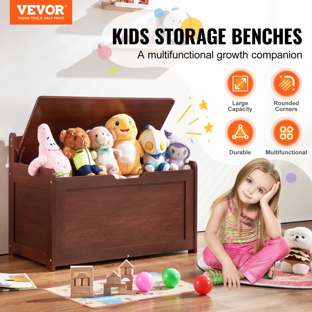 VEVOR Wooden Toy Chest for Kids, Toddler Toy Storage Box with Flip-Top Lid and Safety Hinge, 32.68 x 17.91 x 24.02" Large Kids Storage Bench for Playroom, Bedroom, Living Room or Entryway, Cherry