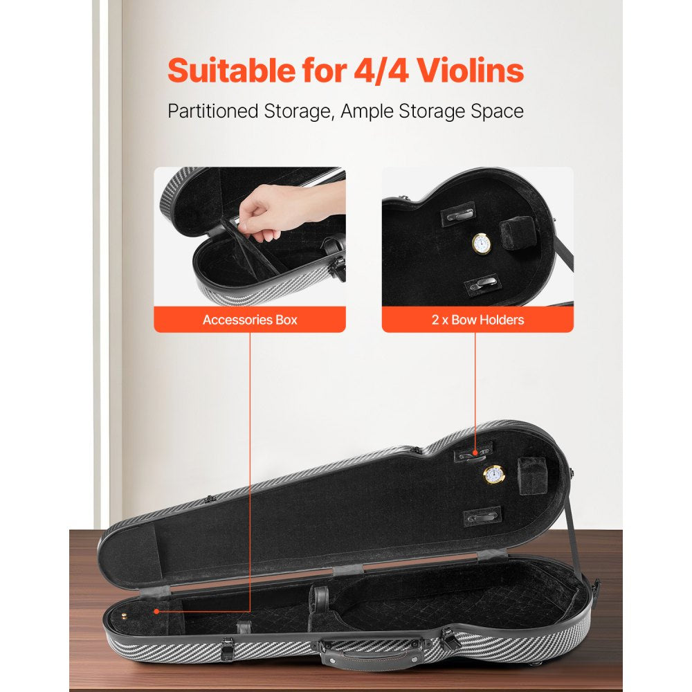 VEVOR 4/4 Full Size Violin Case, Built-in Hygrometer, Lightweight Portable Travel Carrying Bag, with Plush Lining, Dual Shoulder Straps, Anti-Scratch, Professional Triangular Shape, for Violin, Black