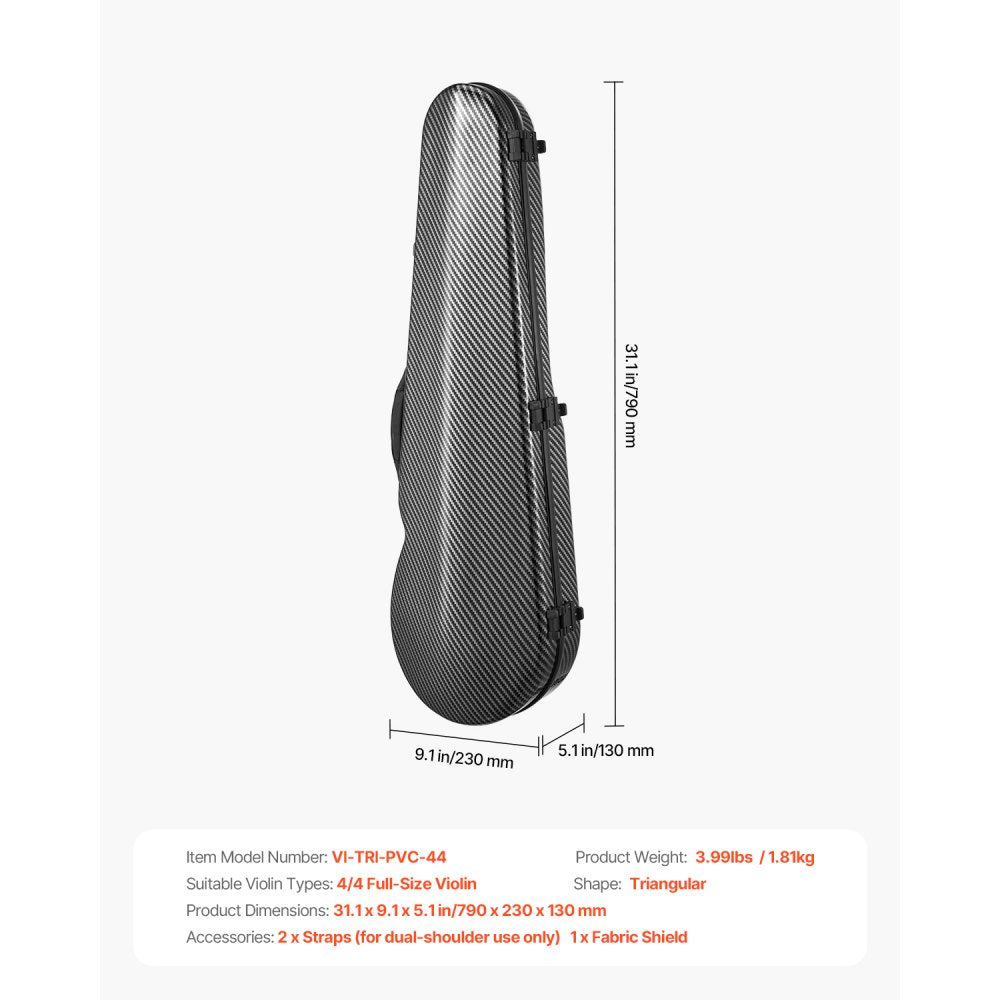 VEVOR 4/4 Full Size Violin Case, Built-in Hygrometer, Lightweight Portable Travel Carrying Bag, with Plush Lining, Dual Shoulder Straps, Anti-Scratch, Professional Triangular Shape, for Violin, Black