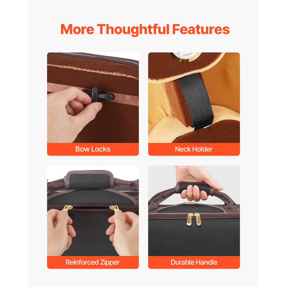 VEVOR 4/4 Full Size Violin Case, Built-in Hygrometer, Lightweight Portable Travel Carrying Bag, with Plush Lining, Shoulder Straps, Anti-Scratch, Professional Oblong Shape, for Violin, Black