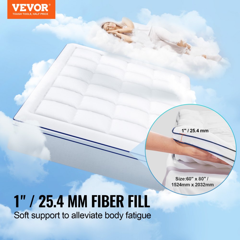 VEVOR Mattress Topper, Queen Size, 1" Thickness, Fiber Fill Pad with Detachable and Washable Layer, Comfortable Supportive, Cooling, Breathable, with Detachable Bedside Pocket for Holding Small Items