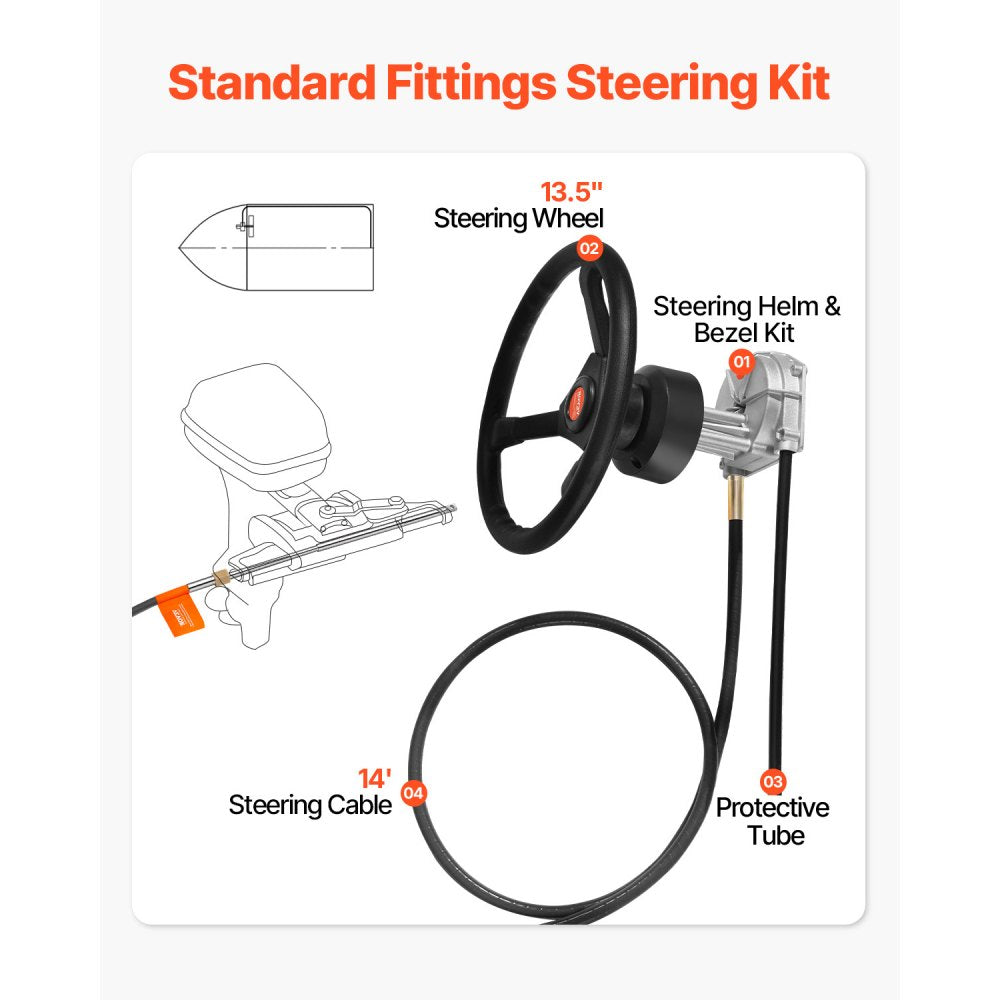 VEVOR Outboard Steering System 14\' Outboard Steering Kit 14 Feet Boat Steering Cable with 13\" Wheel Durable Marine