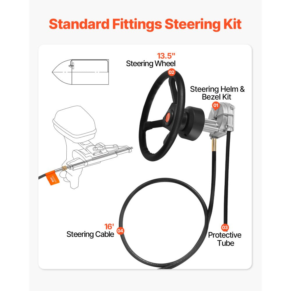 VEVOR Outboard Steering System 16\' Outboard Steering Kit 16 Feet Boat Steering Cable with 13\" Wheel Durable Marine Steering System