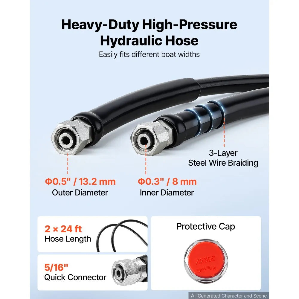 VEVOR Hydraulic Steering Kit 150HP Hydraulic Outboard Steering System 24 ft, Marine Boat Steering System, 2.5 MPa Helm Pump, Two-Way Lock Cylinder, 24 Feet High-Strength Hoses, for Single-Engine Use