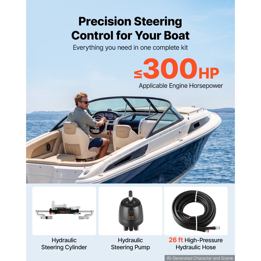VEVOR Hydraulic Steering Kit 300HP Hydraulic Outboard Steering System 26 ft, Marine Boat Steering System, 2.5 MPa Helm Pump, Two-Way Lock Cylinder, 26 Feet High-Strength Hoses, for Single-Engine Use