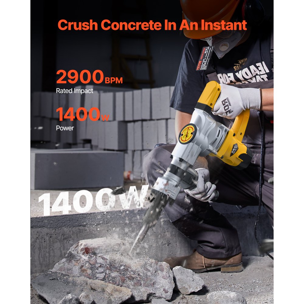 VEVOR Demolition Jack Hammer, 1400W Electric Jackhammer Heavy Duty, 2900 BPM Jack Hammer Concrete Breaker, with 1 Point Chisel, 1 Flat Chisel, Storage Case, Gloves and Goggles, for Demolition